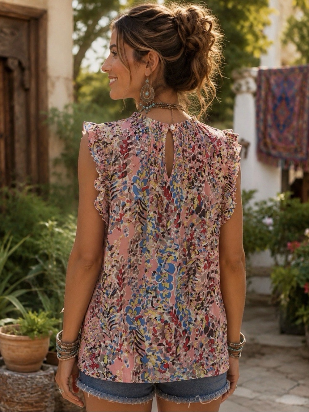 H128 NWT Ott XL pp21 Floral Ruffle Sleeveless Pink Multi Top - Picture 2 of 12